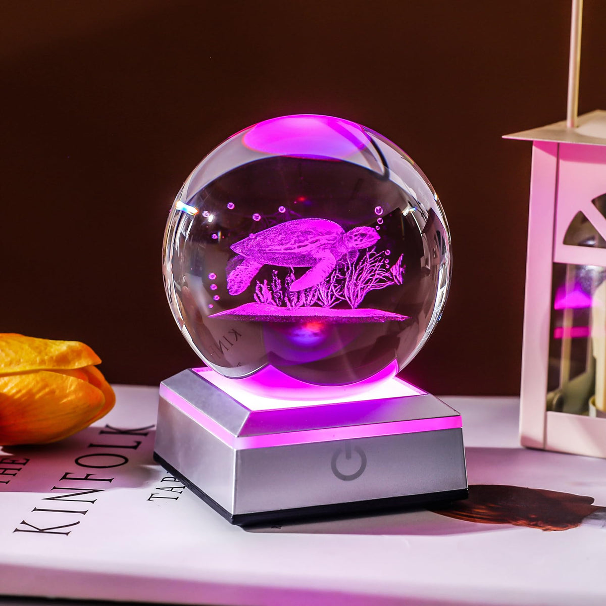 Sea Turtle Gifts for Women Men Laser Engraved Sea Turtle Crystal Decor Ball with Colorful LED Base Glass Trutles Decor Sphere Figurine (Sea Turtle)