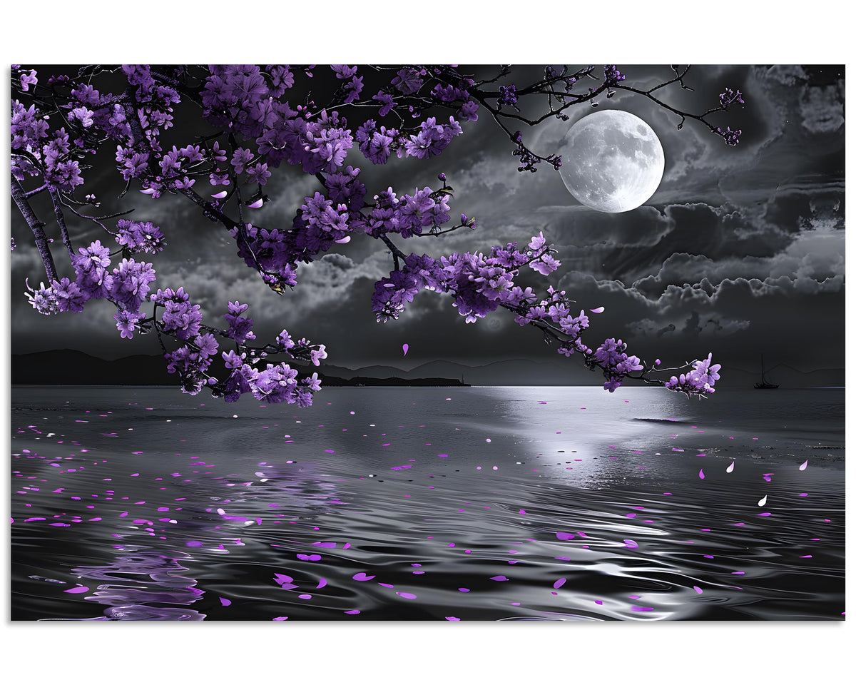 1 Pcs Purple Bedroom Pictures Wall Decor Purple Canvas Art Black and White Sea Night Full Moon Purple Flower Print on Canvas Purple Wall Picture for Room Decor Stretched and Framed 20x30 inch (30"L x 20"W / Purple Flower 10)
