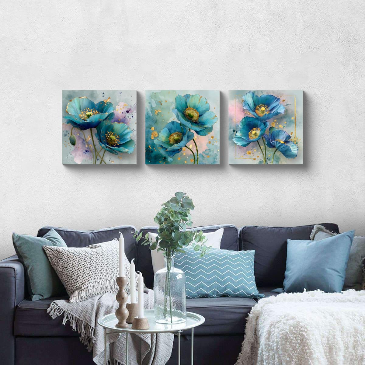 3Pcs Blue Teal Poppy Flower Wall Art Canvas Print with Gold Accents Modern Botanical Floral Contemporary Watercolor Style Elegant Flower Artwork for Living Room Bedroom Home Office Wall Decor (20 x 20 inches (3-Piece Set) / Blue Poppy)