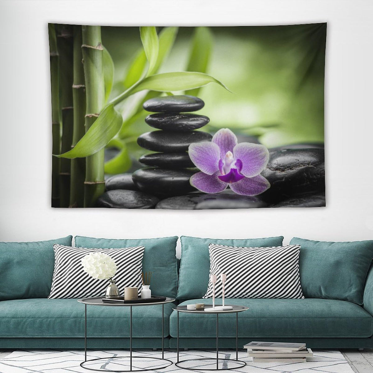 Zen Tapestry Wall Hanging Bamboo Leaves Spa Garden Purple Floral Stones Lotus Flower Japanese Relaxation Meditation Tapestries Home Decor for Living Room Bedroom Kitchen 60"x90" (60"L x 90"W / Zen-10)