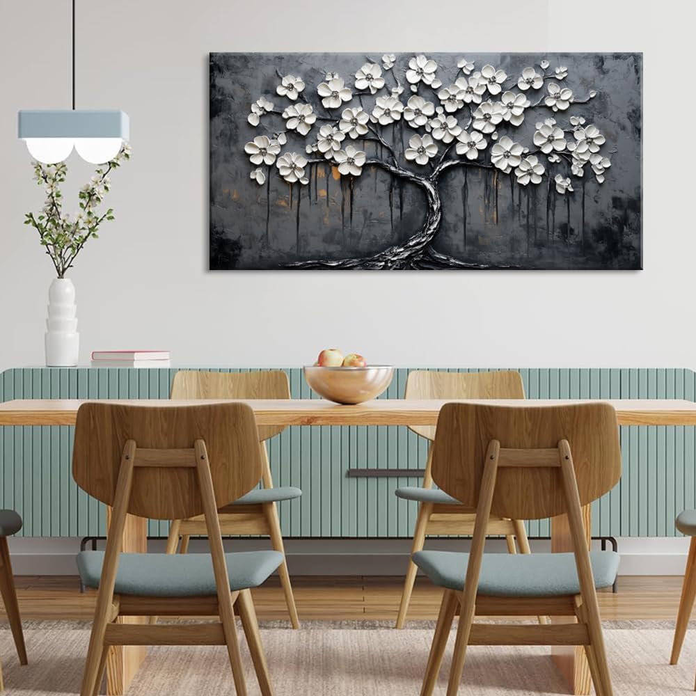 White Cherry Blossom Tree Wall Art for Living Room Office Floral Relief Modern Abstract Tree of life Painting Prints Sculptural Canvas Artwork Dining Bedroom Decor Large (Abstract / White Black Cherry Blossom Tree Wall Art / 46L" x 23W")