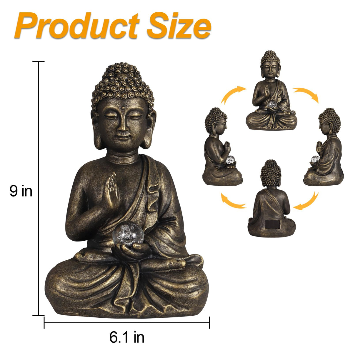 9" Solar Resin Buddha Statue Garden Outdoor Yard Patio Ornament Bronze (Bronze-buddha Solar Light)