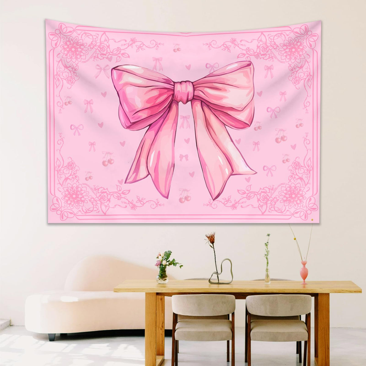 Pink Bohemian Wall Hanging Preppy Bow Tapestry for Teen Girls 60ʺ x44ʺ (Pink / 60"L x 44"W)