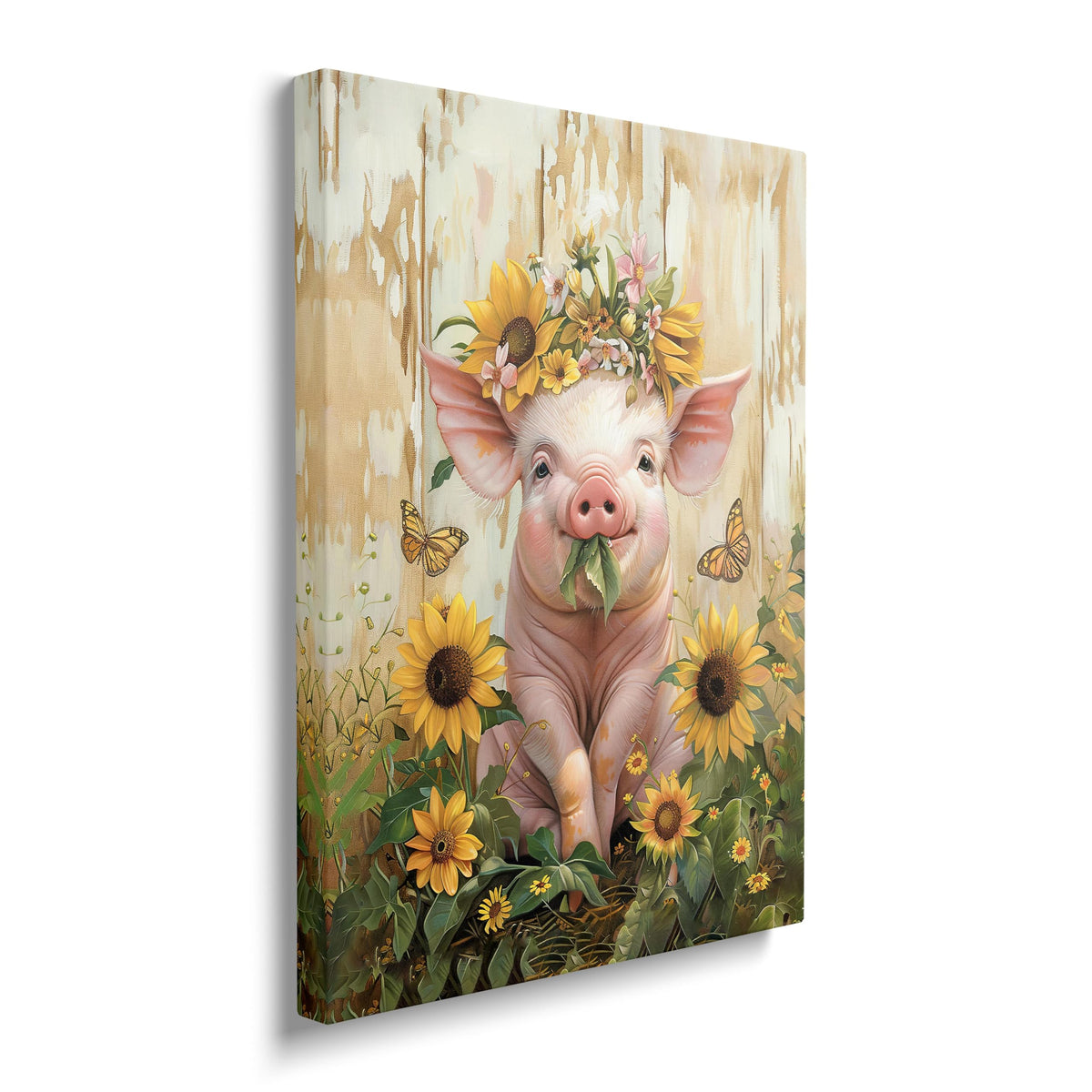 Pig Canvas Wall Art Farmhouse Animal Print Painting Framed ArtWork 16"x20" (Pig Sunflower / 20"L x 16"W)