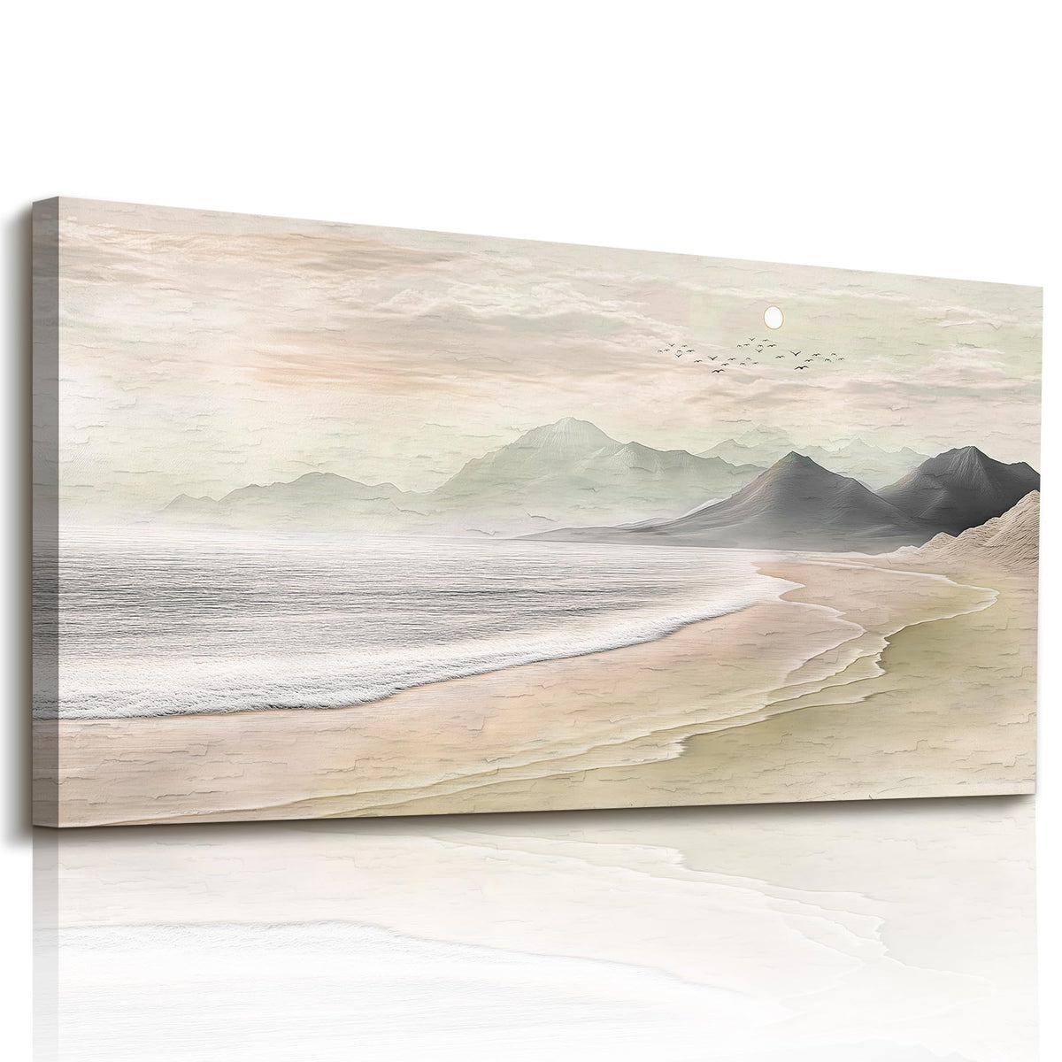 Japandi Coastal Wall Art Beach Mountain Large Wall Decor Neutral (Neutral Mountain Sea / 48"L x 24"W)