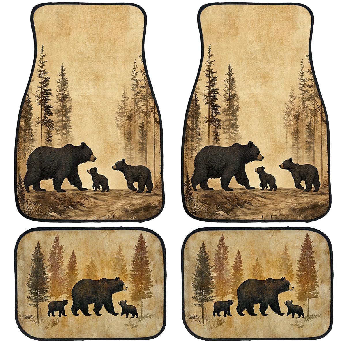 Black Bears Car Floor Mats Set of 4 Old Fashioned Fabric Pine Forest Carpet Front Rear Carpets Mat Non (26.8"L x 17.3"W x 0.4"Th / Black Bears)