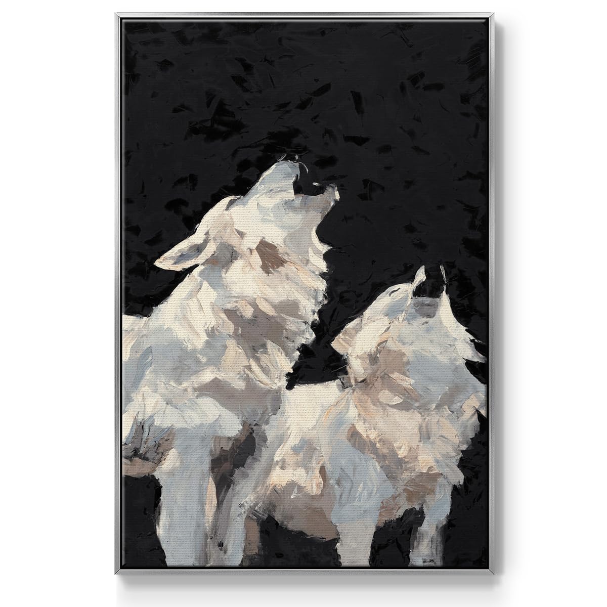 Animals Wall Art Silver Floater Frame Home Decor White Midnight Wolves Howling Abstract Modern Hanging Paintings for Living Room Kitchen Office (25"L x 17"W / Midnight Wolves I)