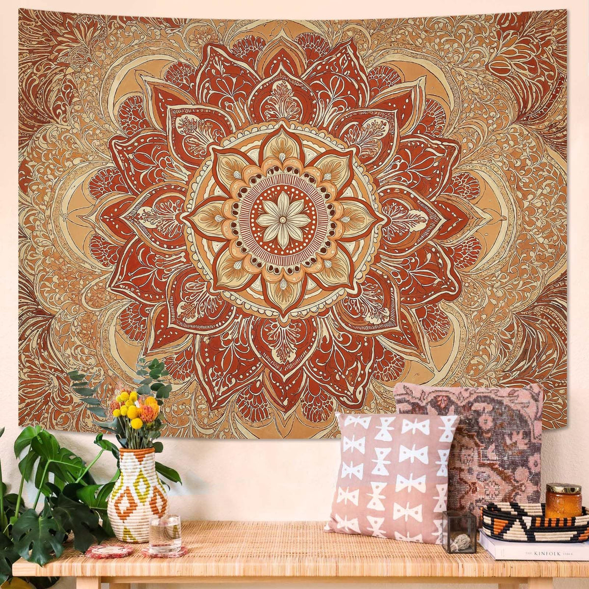 Tapestry Ornate Floral Mandala Tapestries Bohemian Indian Tapestries Elegant Pattern Wall Tapestry Bedroom Dormitory Living Room Decoration 60"x44" (60"L x 44"W / Earth Tones)