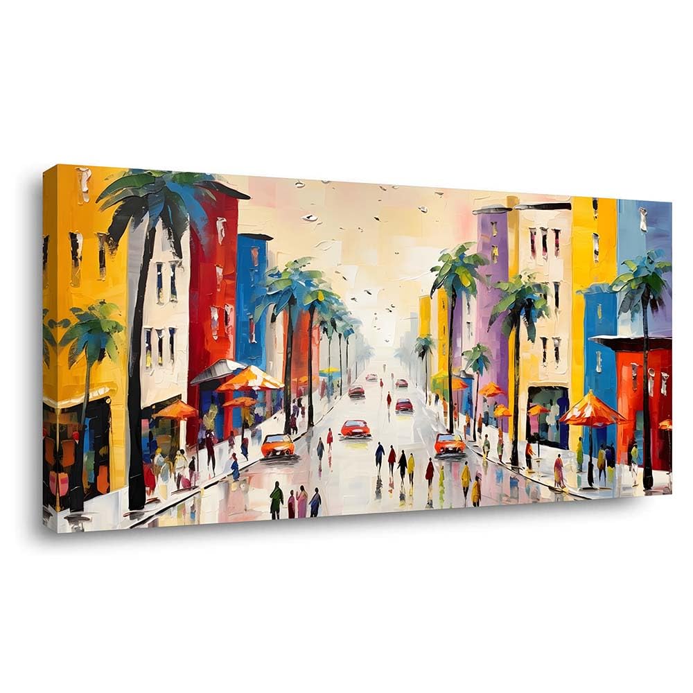 Colorful City Street Canvas Wall Art Vibrant Tropical Palm Tree Painting Print Gallery Wrapped Faux Impasto Coastal Town Artwork for Living Room Bedroom Bathroom Decor (Abstract / White Street 5 / 40"L x 20"W)