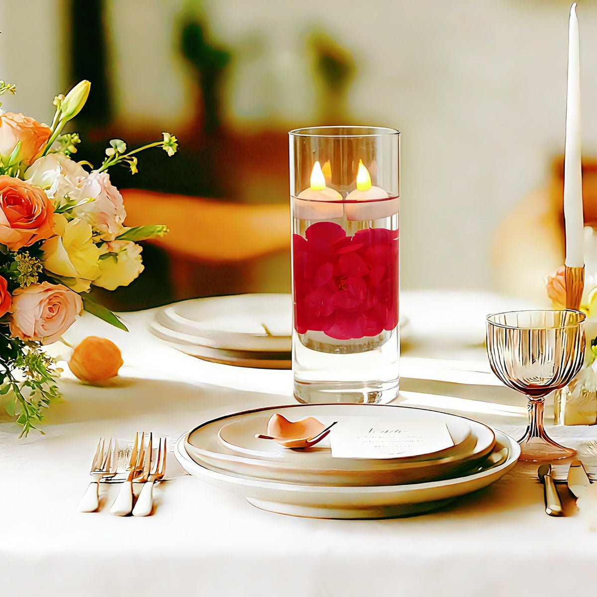 24 Pack Flameless Floating Candles for Centerpieces with Floating Flower (Rosered)