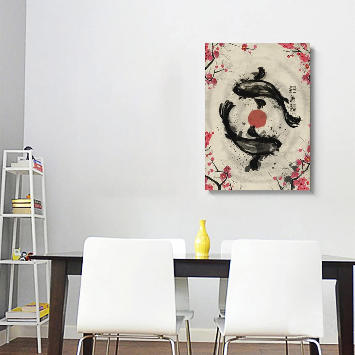 Japanese Retro Ink Painting Sakura Yin Yang Koi Fish Art Print Canvas Painting Home Decoration For Living Room Bedroom Unframed 12 x18 inches (18"L x 12"W / Unframe-12)