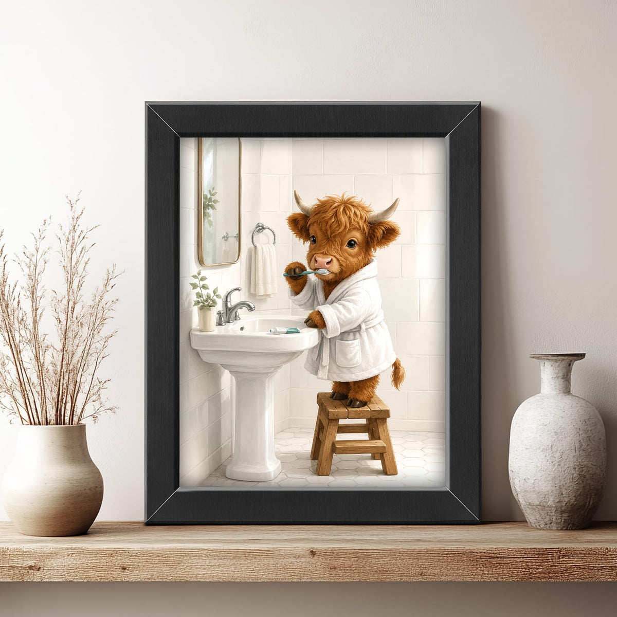 Highland Cow Bathroom Decor Wall Art (Framed Bathroom Art 926 / 10"L x 8"W)