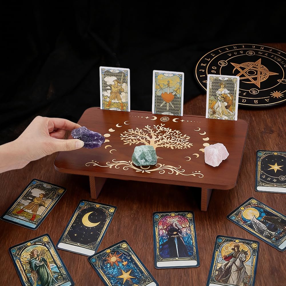 Altar Table 7.8"x11.8"x2.7" Rectangle Wooden Meditation Table Engraved Moon Tree of Life Patterns Wiccan Tables for Room Engraved Mystic Decor Witchcraft Supplies Buddhist Alter (11.8x7.8 inch)