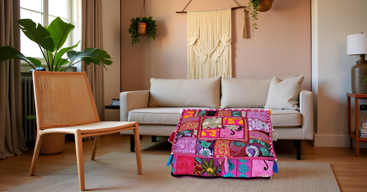 Indian Square Patchwork Traditional Pouf Cover Indian Living Room Poufs Decorative Embroidered Designer Ottoman Home Living Footstool Chair Cover Decor Pillow Cover 16x16x5 inches (16"D x 16"W x 5"H / Pink)