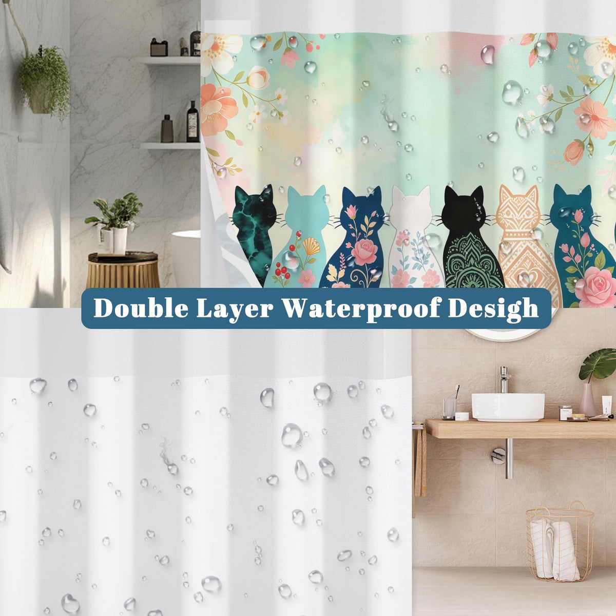 Cat & Floral Shower Curtain with Snap in Liner (Cartoon Cat)