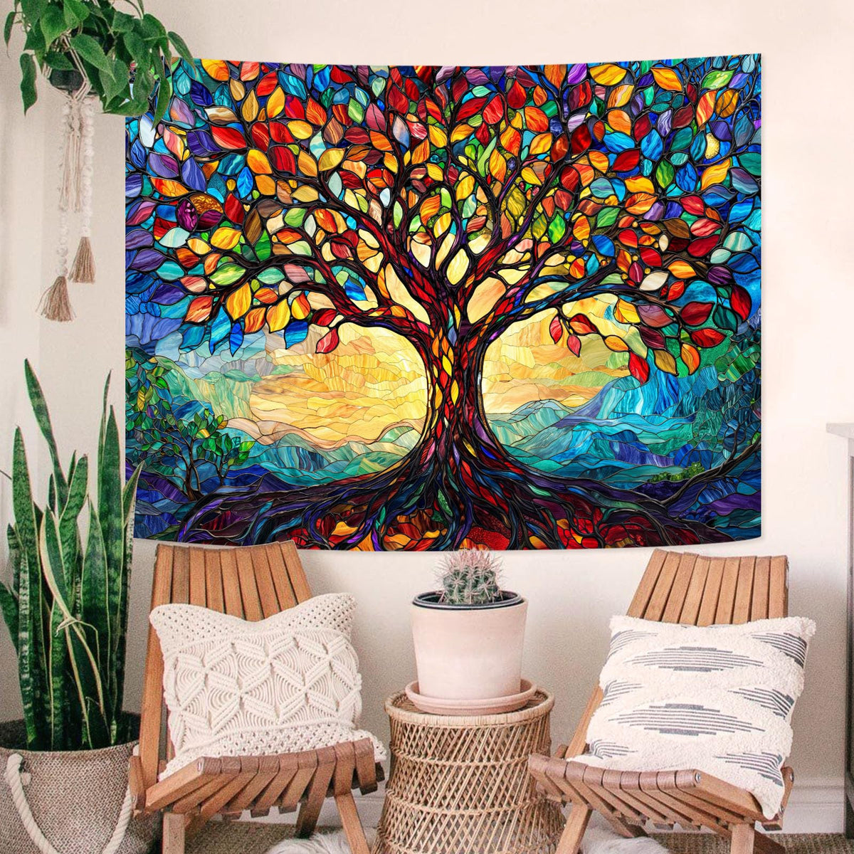 Tree of Life Tapestry Stained Glass Tapestry Wall Decor Tapestries for Bedroom Art Tapestries Wall Hanging for Bedroom Living Room Glass (80"L x 60"W / Colorful Blue)