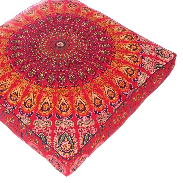 Mandala Floor Pillow Cover Meditation Cushion Seating Throw Hippie Round Colorful Decorative Bohemian Indian Pouf Ottoman Handmade Cover ONLY (35" x 35" (Pack of 1) / Red)