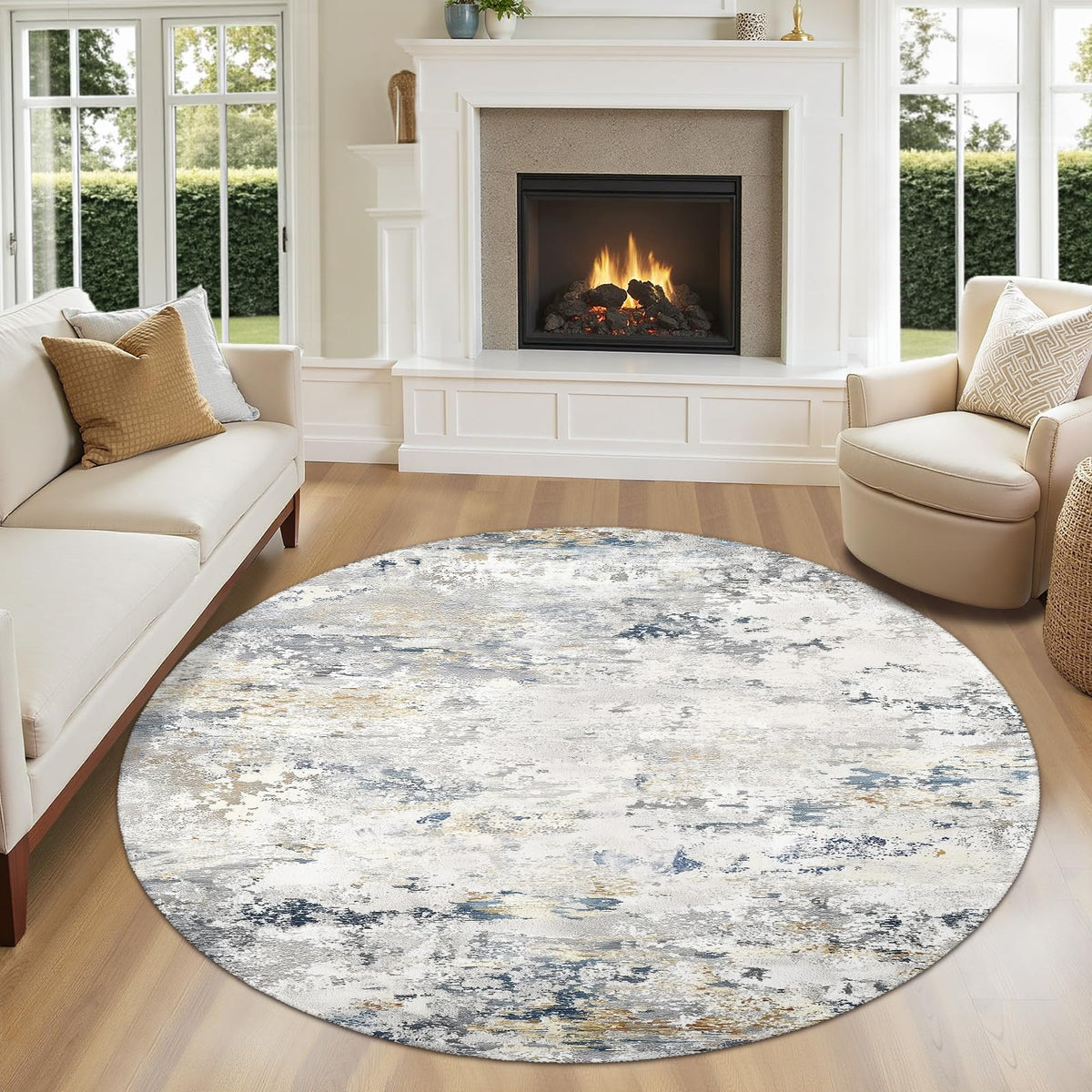 Blue Cream Gray Round Area Rug 5ft (Daily-beige Blue / 5' (Round))
