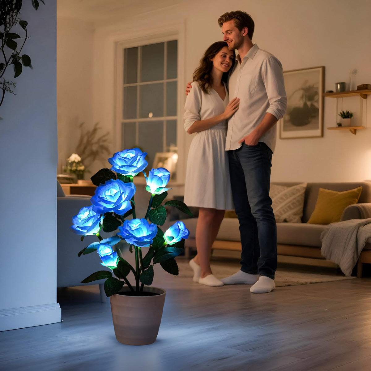 Blue Rose Flower Lamp Romantic Floral Table Decor Gifts for Women Mom (Rose-Blue)