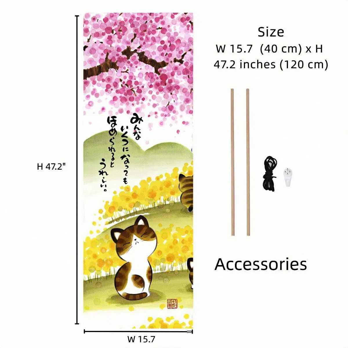 Japanese Scroll Wall Art Decorations Thin Tapestry Asian Room Decort Hanging Scroll for Living Room (Sakura and Cat)