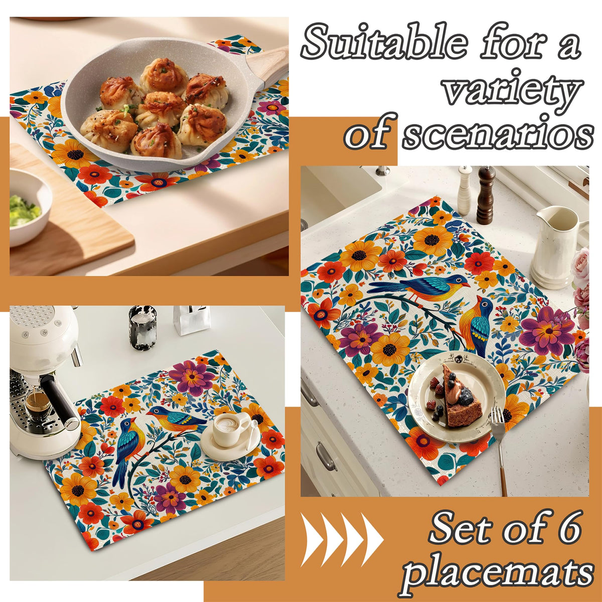 Bird Flower Placemats Set of 6 (Bird Flower Mexican Style)