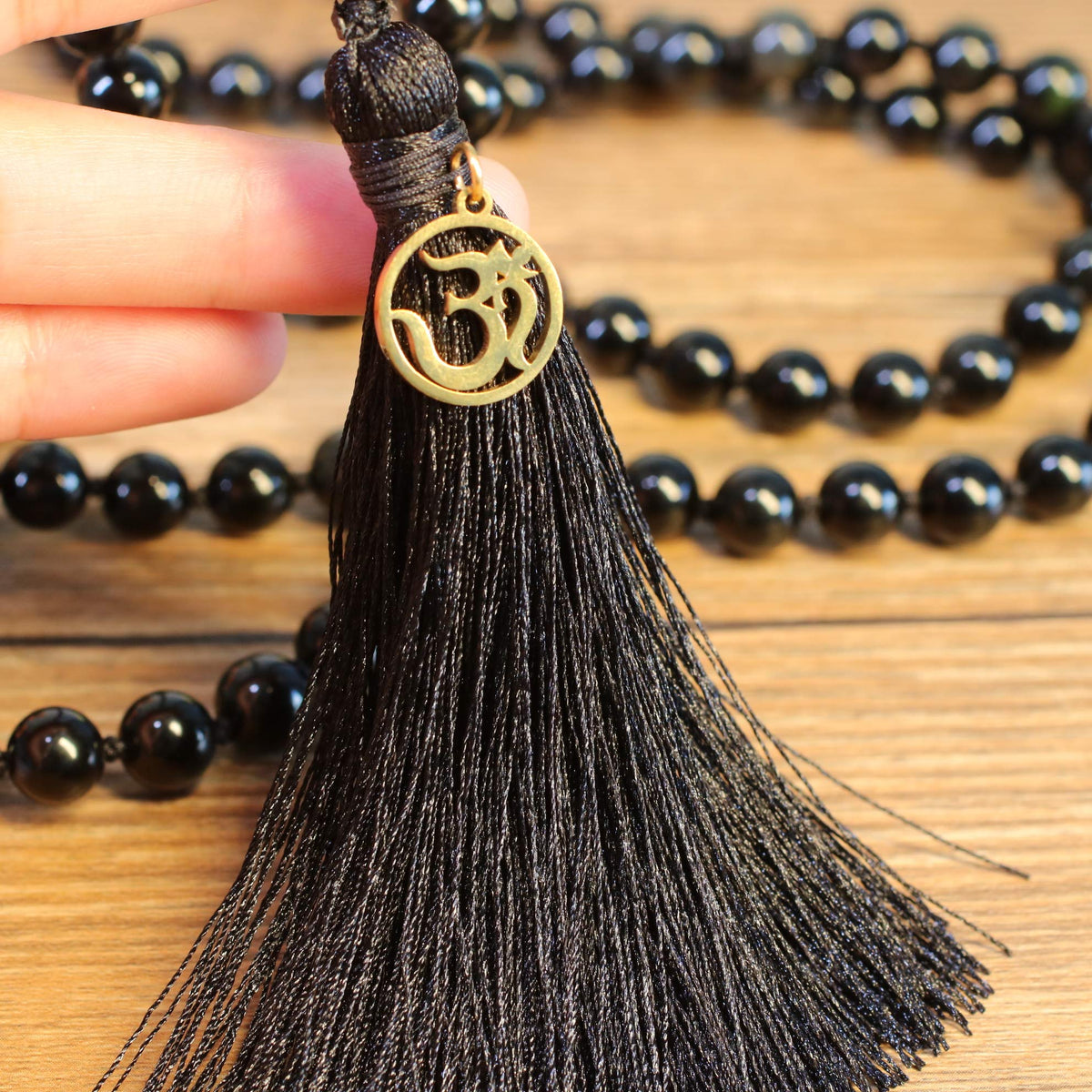 OM Charm Hand Knotted Tassel 108 Mala Beads Black Obsidian Stone Beaded Necklace 8mm (8mm / Black Obsidan)