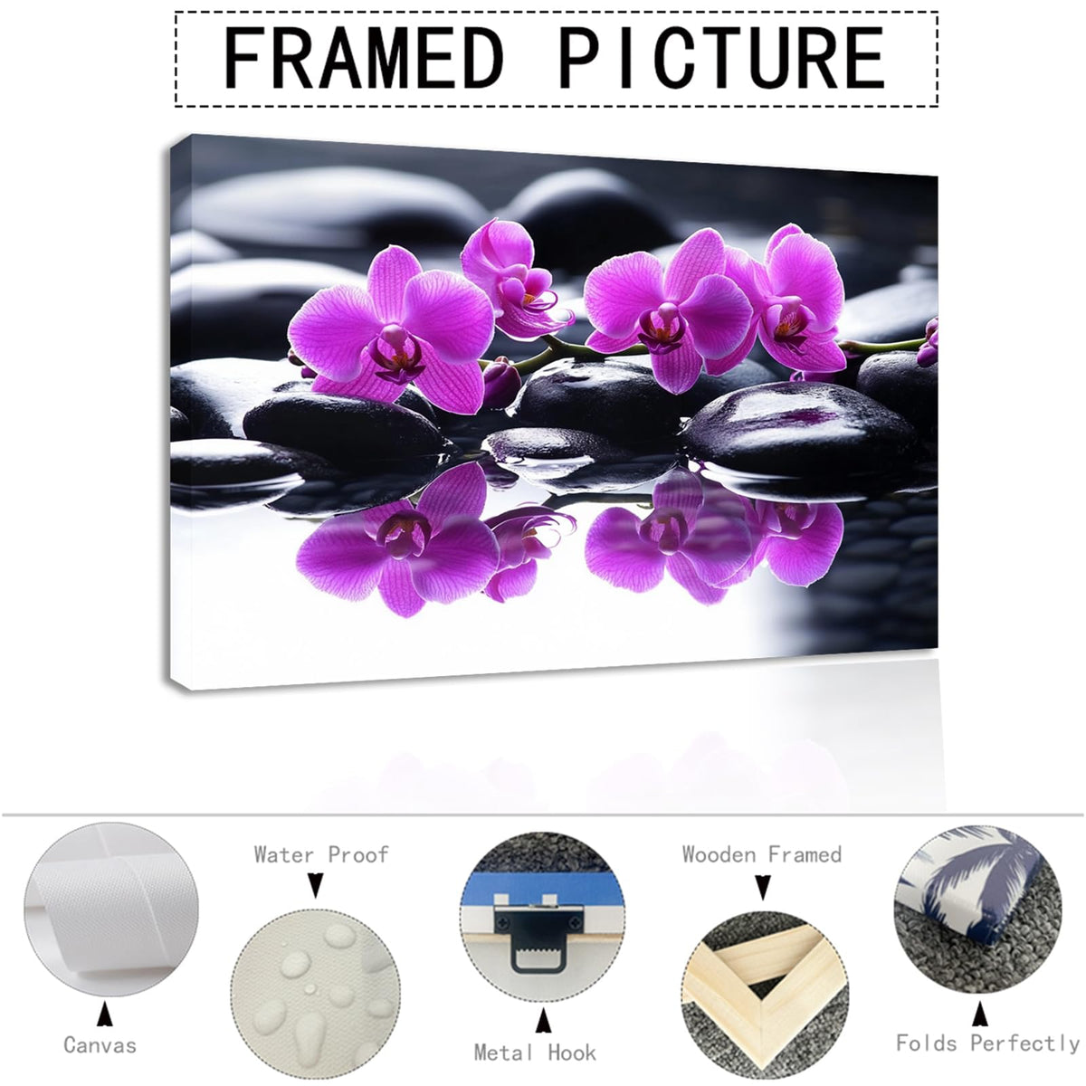 Purple Orchid Zen Canvas Wall Art Black Stone in Water Painting Framed Artwork Poster for Yoga Meditation Room Spa Bathroom Decor (WE000050-10 / 30"L x 20"W)