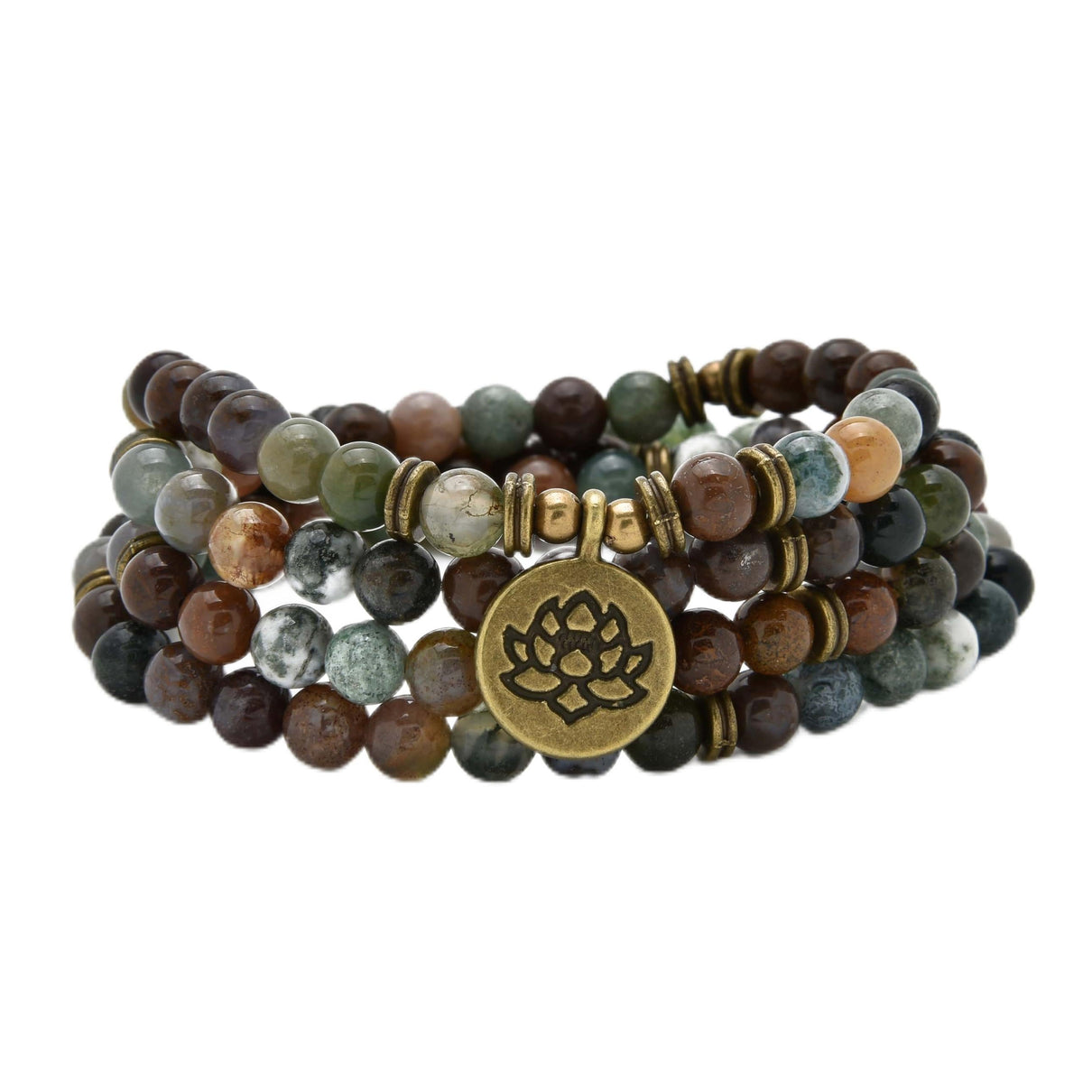 108 Healing Mala Beads Bracelet or Necklace with Gold Lotus Charm (Indian Agate)