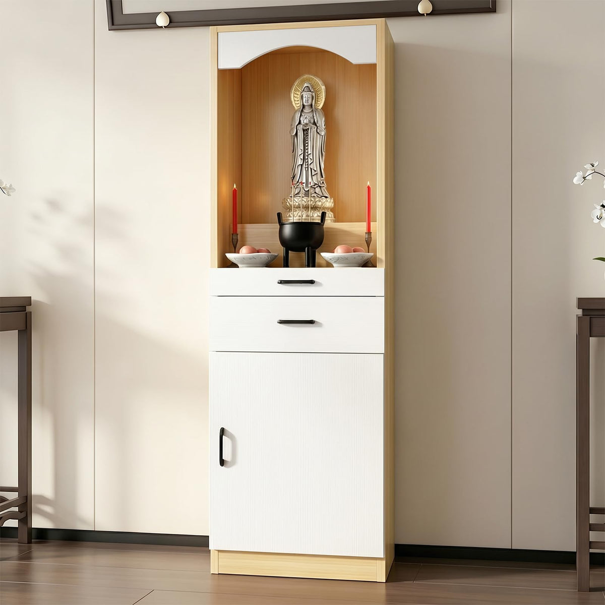 Solid Wood Altar Table (White + Natural Wood / 15.7" x 15.7" x 65.4")