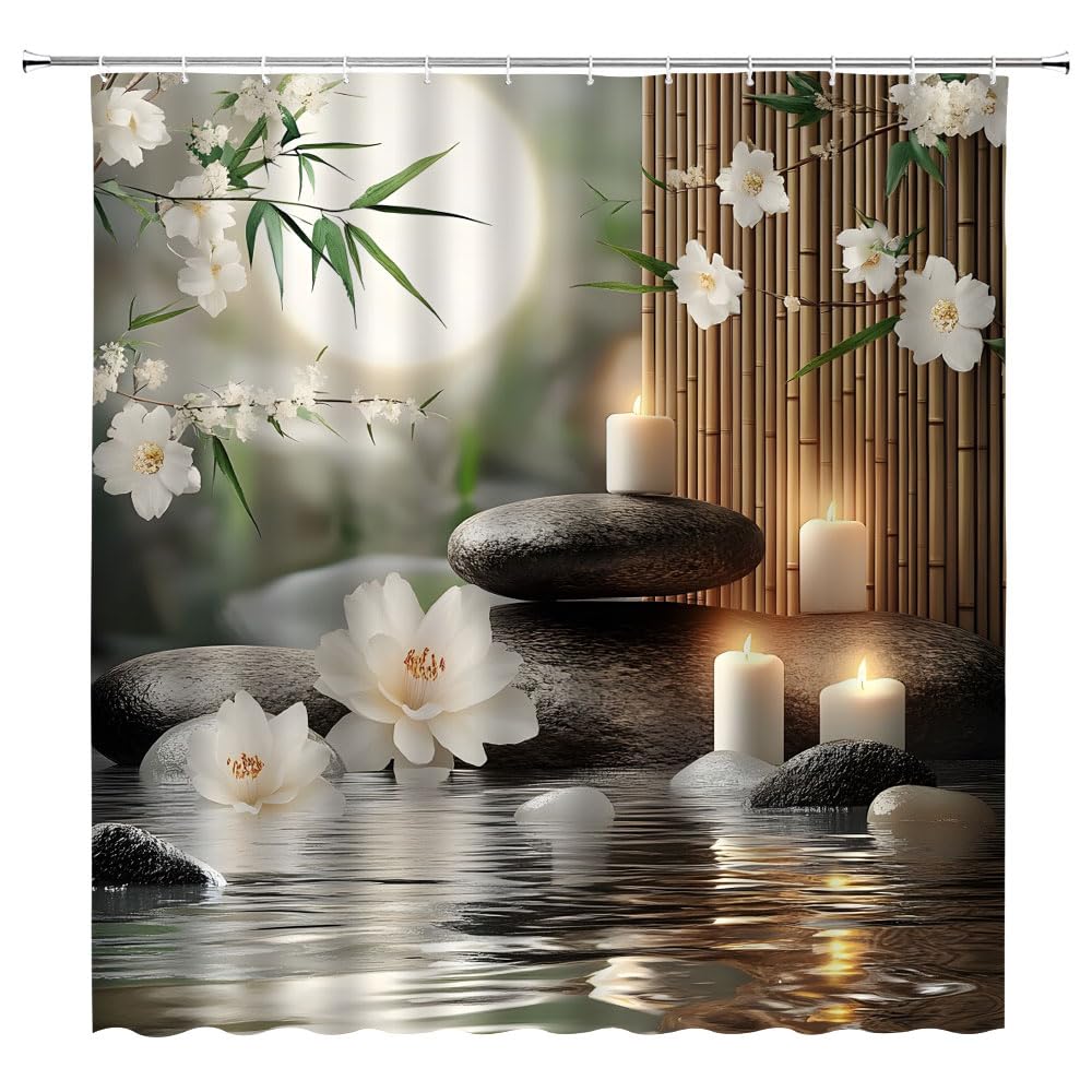 Lotus Floral Bamboo Shower Curtain Zen Stone Spa Flowers Pastel Full Moon Relaxing Asian Garden Scenery Fabric Bathroom Decor Curtains with Hooks (Green / 82"W x 70"L (Pack of 1))