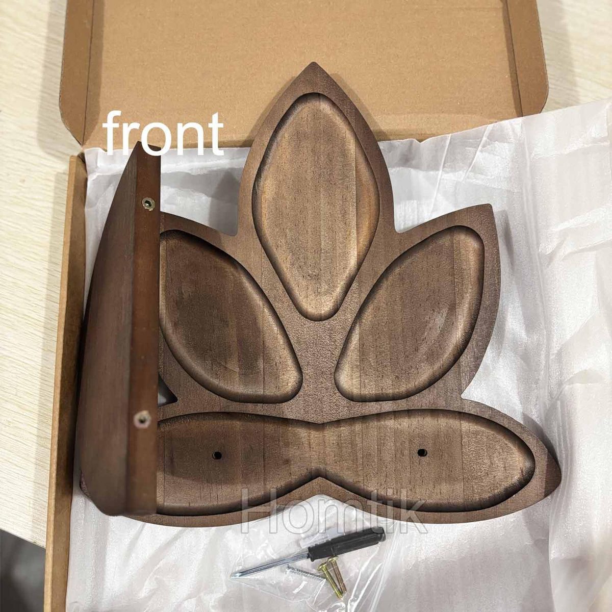 Small Carved Lotus Flower Decorative Wooden Floating Wall Shelf (Walnut)