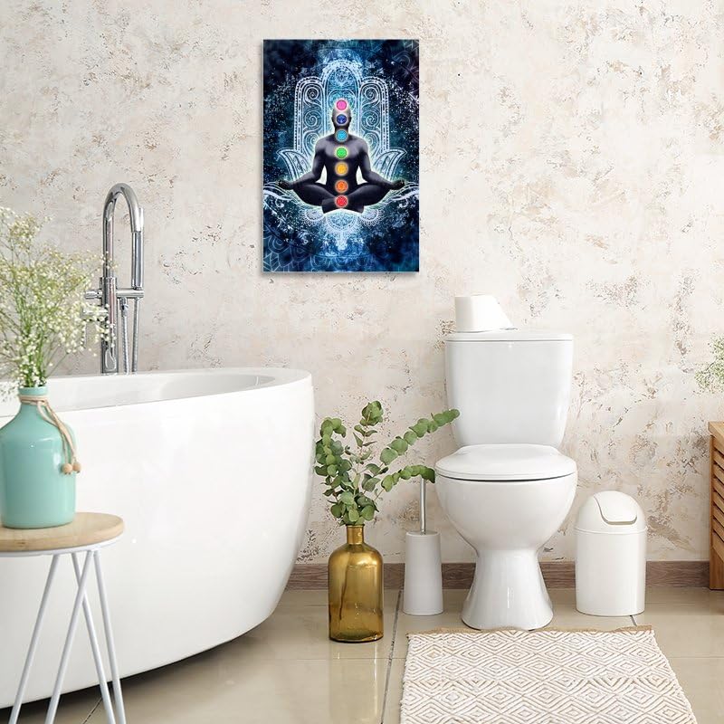 Seven Chakras on Blue Background Meditation Yoga Hd Print Canvas Wall Art Spiritual Healing Gifts for Family and Friends Bedroom Room Zen Decor Framed 24"X36" (36"L x 24"W / Frame-3)