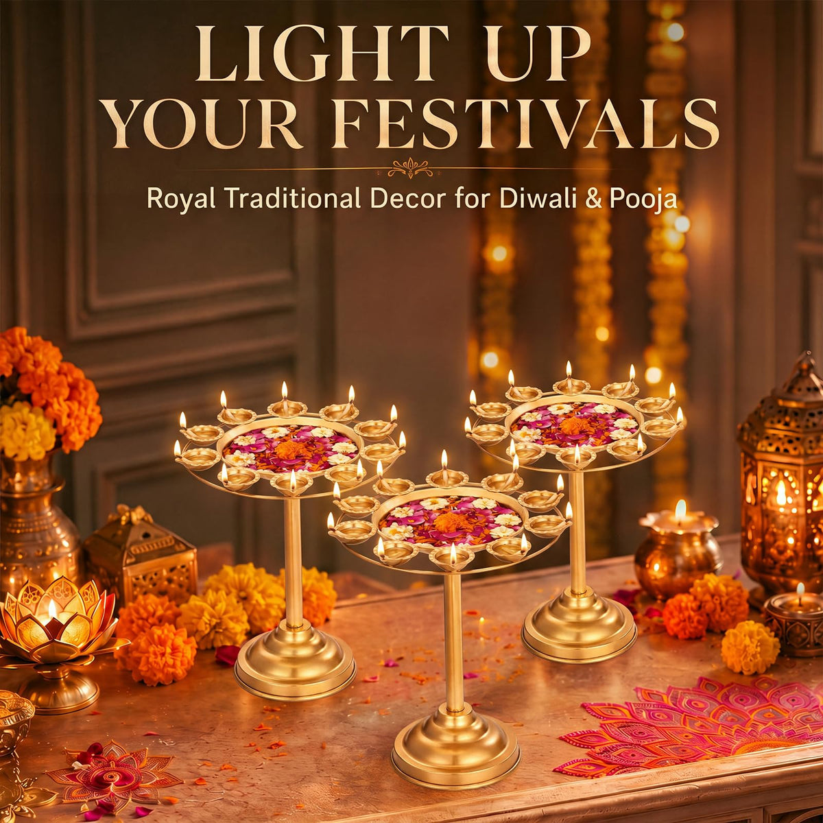 3 Diwali Lotus Urli Bowl Candle Holder for Indian Diwali Pooja (Urli Bowl)