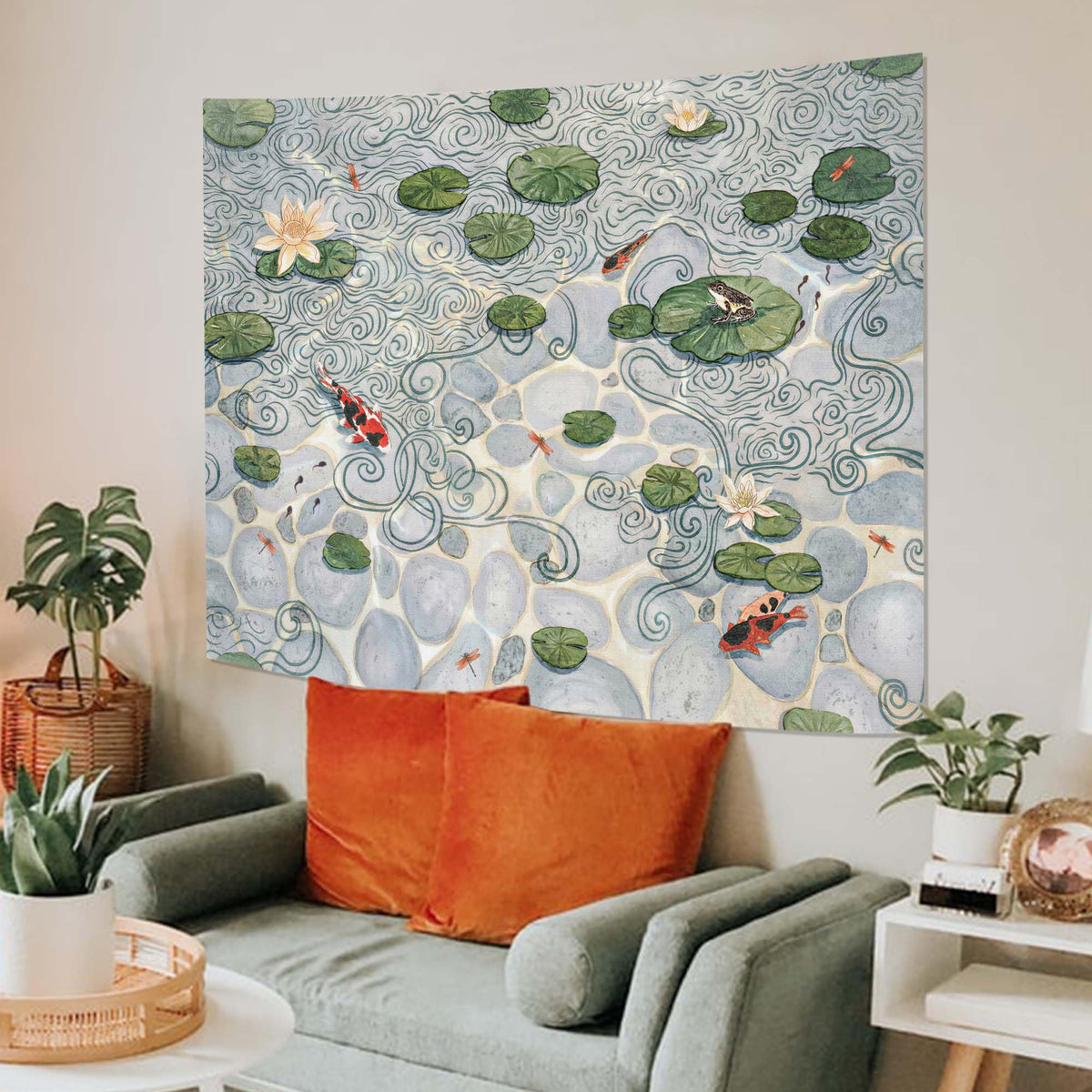 Japanese Lotus Pond Tapestry (Art Deco / Gray / 60"L x 44"W)