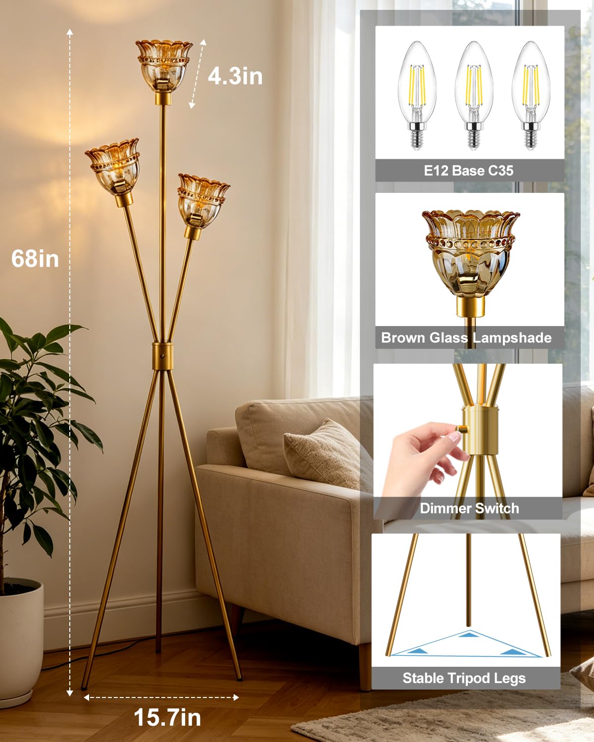 Amber Glass Tripod Floor Lamp Dimmable Gold Floor Flower Lamps