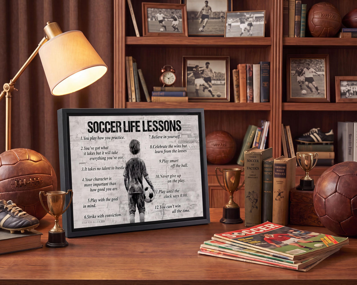 Black Framed Kid Soccer Life Lessons Canvas Wall Art 12x16in (Boy Soccer / 16"L x 12"W)