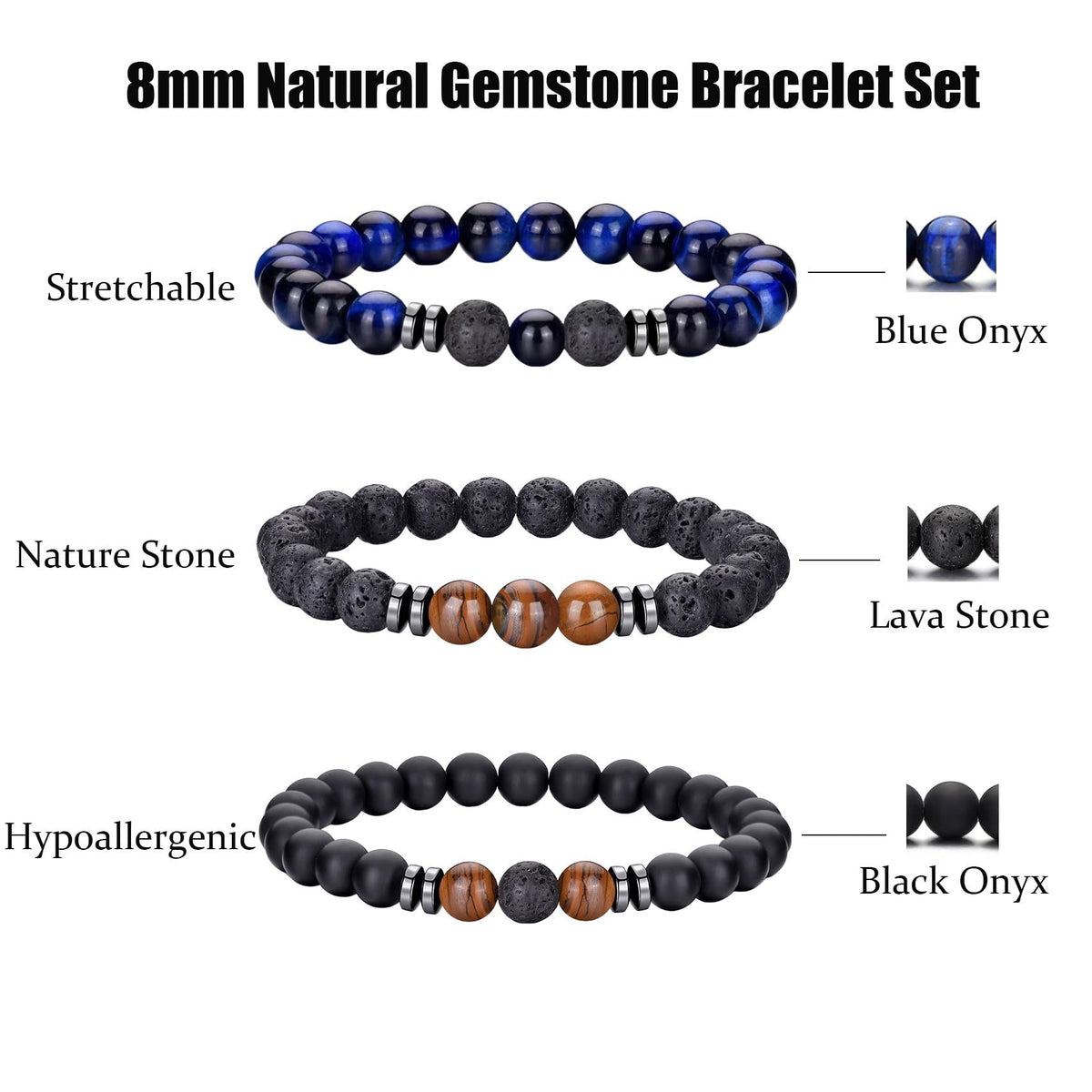 Tiger Eye Bracelet For Men 8MM Natural Stone Beads Bracelet Set Stretch Lava Rock Bracelets Adjustable Black Crystal Beaded Bracelet for Men Women Gifts (3,blue,tiger eye)