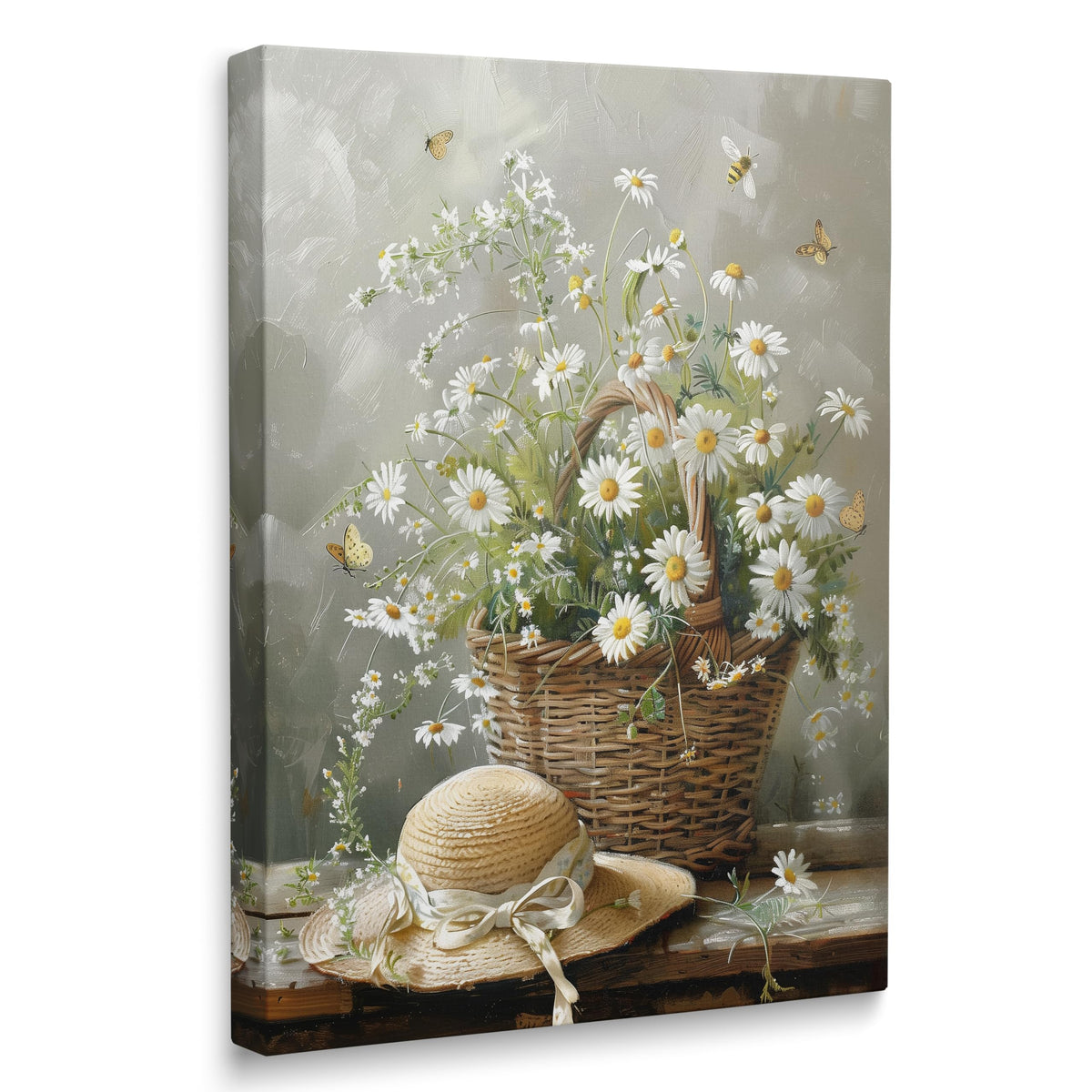 Framed Farmhouse Vintage Daisy Floral Canvas Wall Art (Flower01 / 24"L x 16"W)