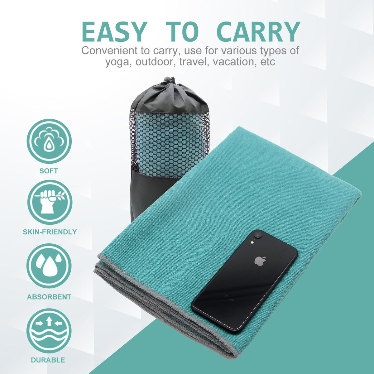 Yoga Towel Hot Yoga Mat Towel with Grip Dots Sweat Absorbent Non (Dark Cyan / 72" x 24")