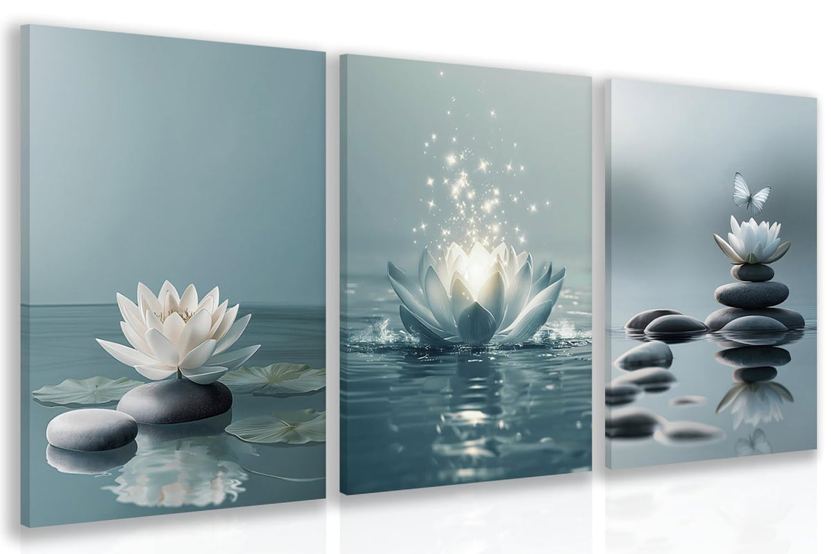 Wrapped Canvas Lotus Flower Zen Stones Wall Art Set of 3 (Zen / 24"L x 16"W)