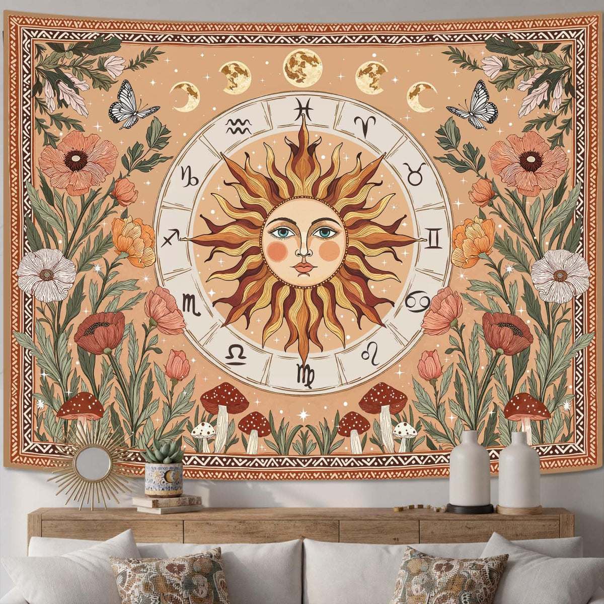Boho Sun and Moon Vintage Mushroom Floral Tapestry 48x36 Inch (Light Red / 48"L x 36"W)