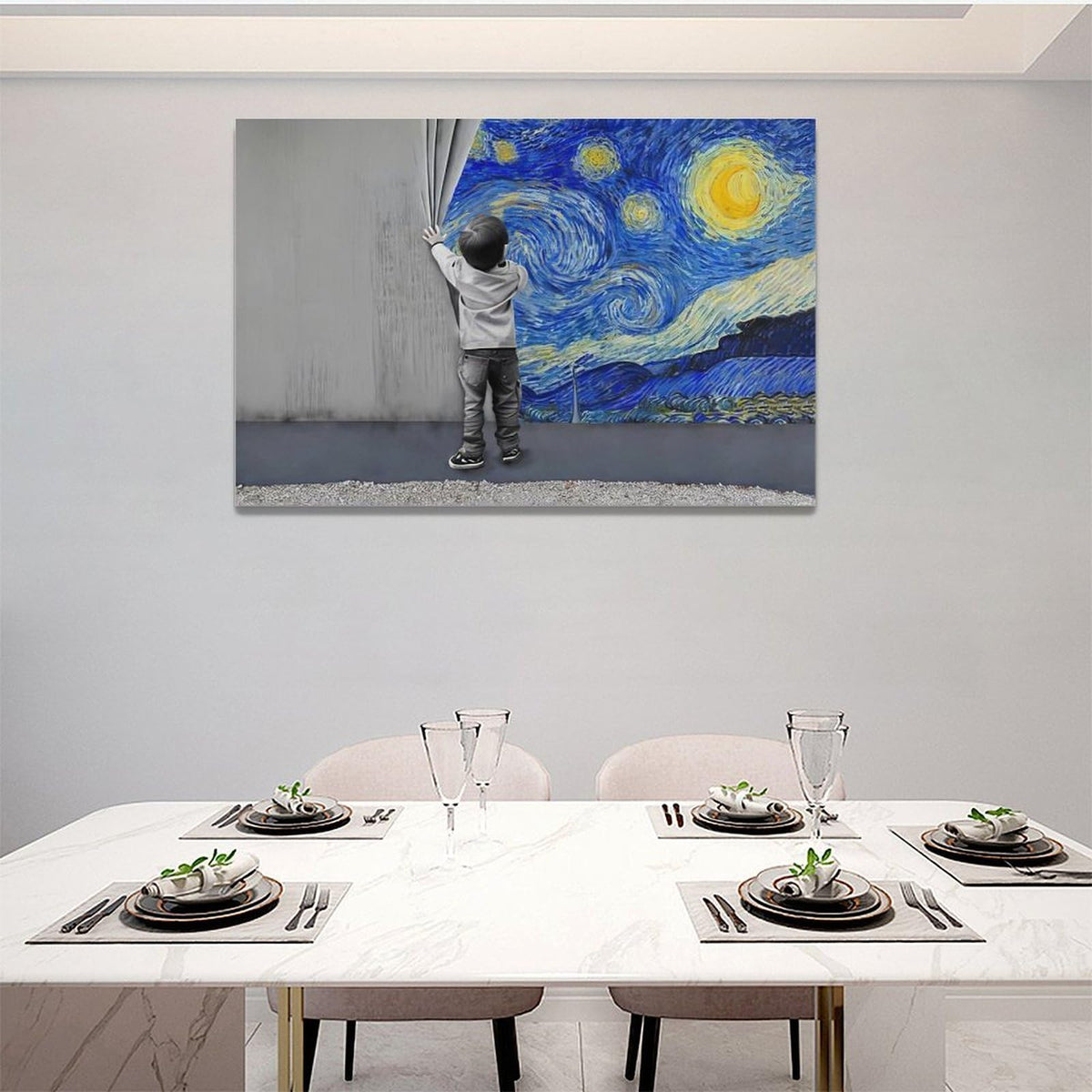 Banksy Wall Art Boys Starry Night Street Graffiti Pictures Wall Decor Kids Canvas Painting Pop Home Modern Artwork Decorations Framed for Living Room Bedroom Bathroom Office 24 x 16 inch (24"L x 16"W / Boy)
