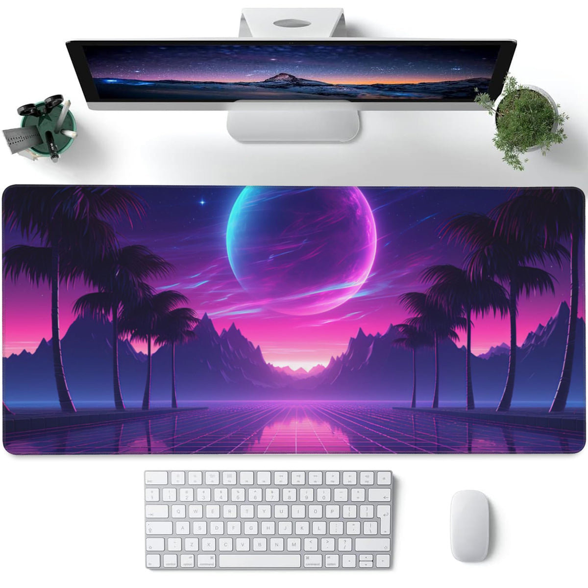 Large Gaming Mouse Pad for Desk (15.7" x 35.4" / Cool Retrowave Landscape)