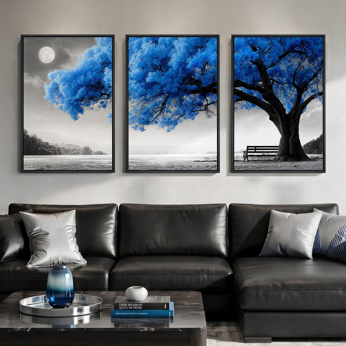 Large Framed Blue Black and White Tree Wall Art for Living Room (Klein Blue / 24" W x 36" H x 3Pcs)