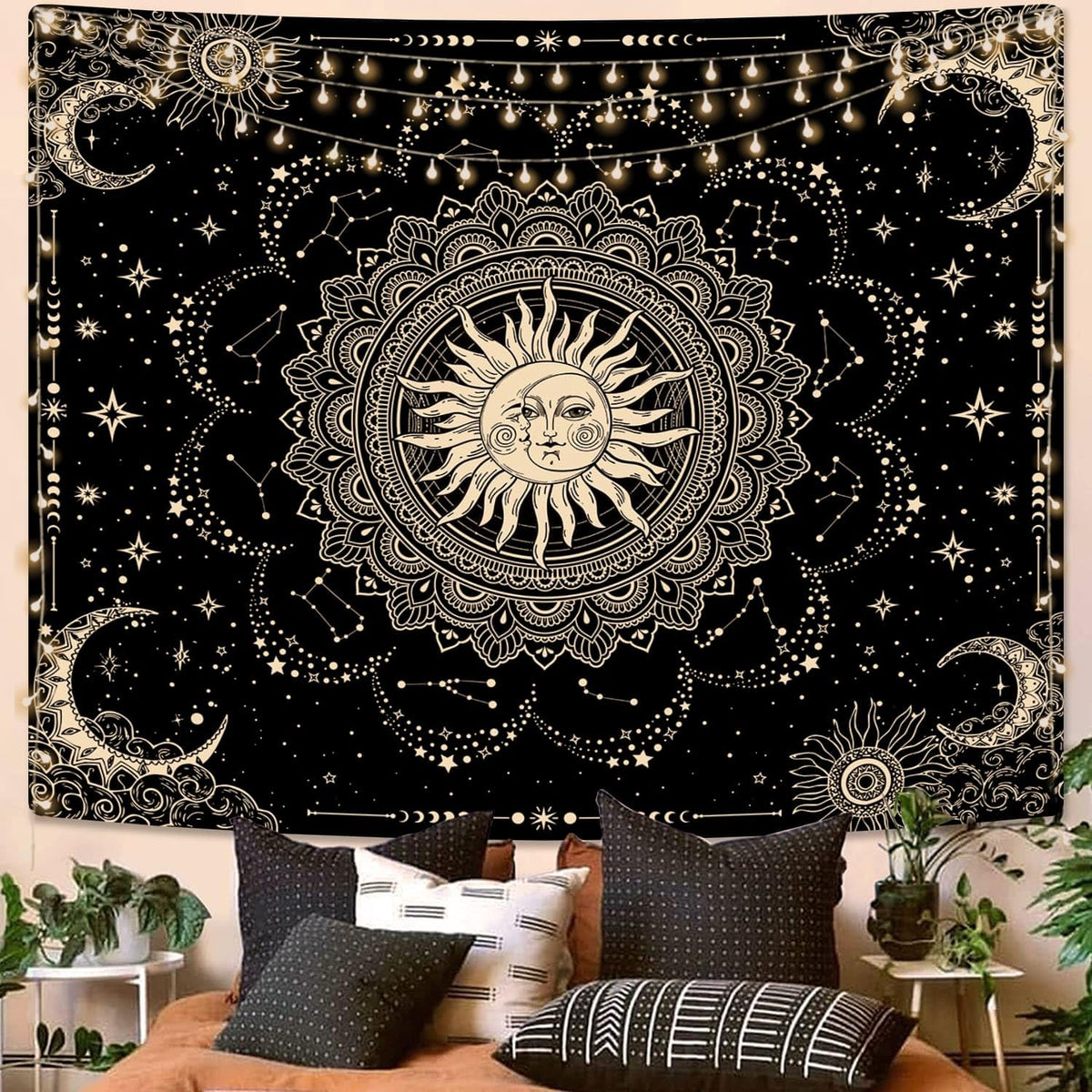 Sun and Moon Tapestry (Black Golden / 90"L x 70"W)