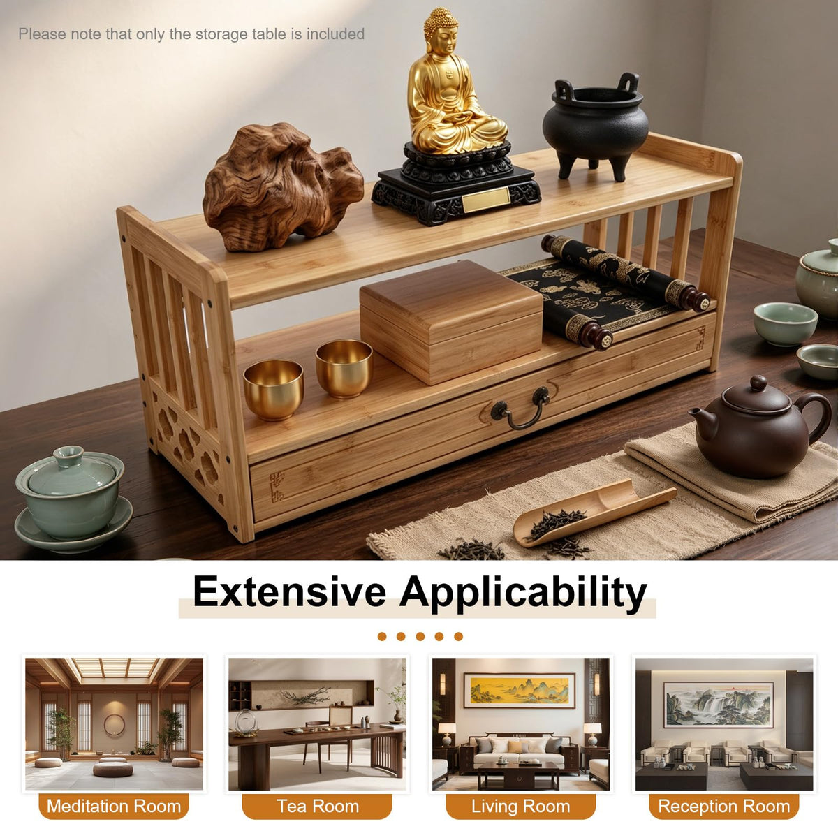 Low 3 Tier Meditation Table with Drawer (Wood Color / 27.2”W)