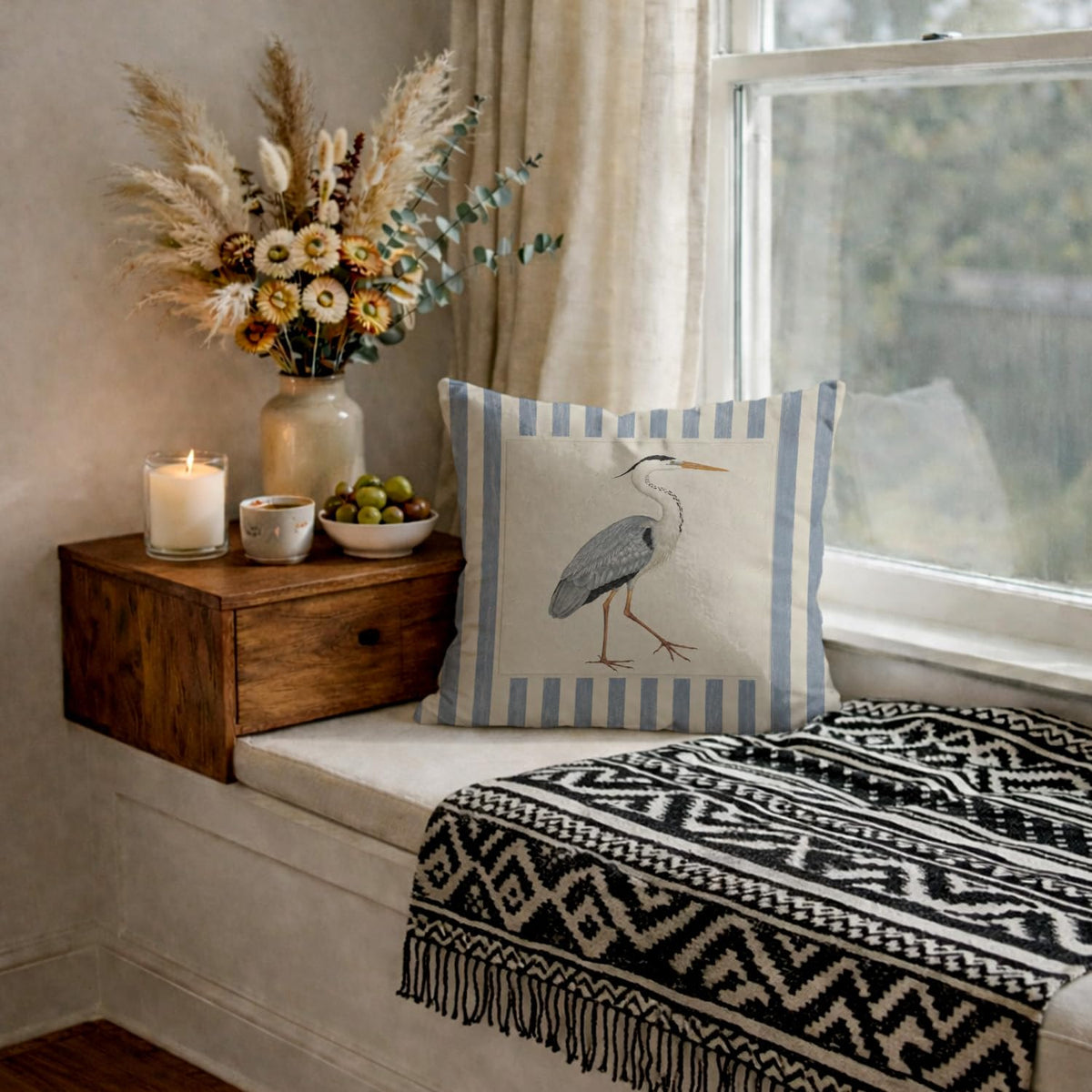 Great Blue Heron Striped Pillow Cover 18x18 (White-blue Heron Bird 18)