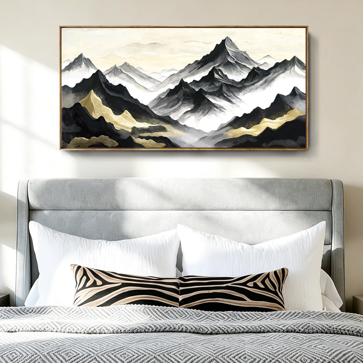Framed Mountain Wall Art Modern Ink Artwork For Bedroom 48X24 In (Black Mountain Wall Art / 48"L x 24"W(Framed))