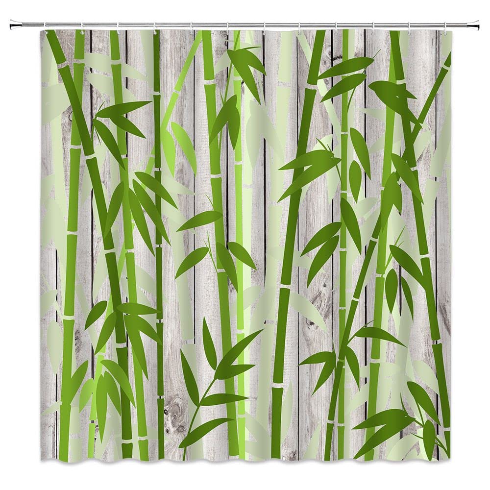 Bamboo Shower Curtain Green Bamboo Forest Tree Japanese Asain Art Rustic Vintage Wooden Board Wild Nature Plant Scenic Watercolor Fresh Spa Fabric Bathroom Sets with Hooks (Green Grey / 67"W x 70"L (Pack of 1))