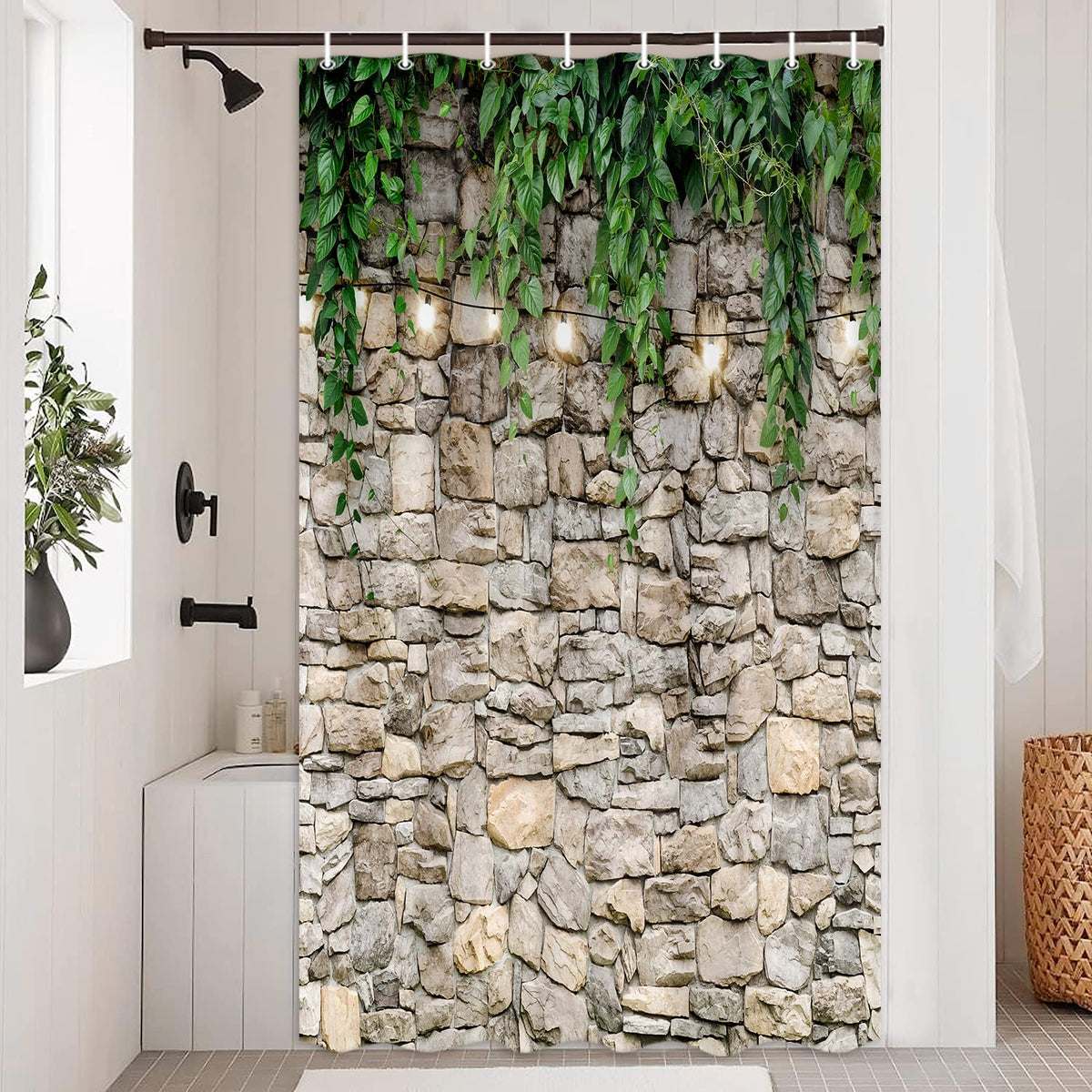 Stone Brick Wall Shower Curtain (White / 47"W x 64"L (Pack of 1))